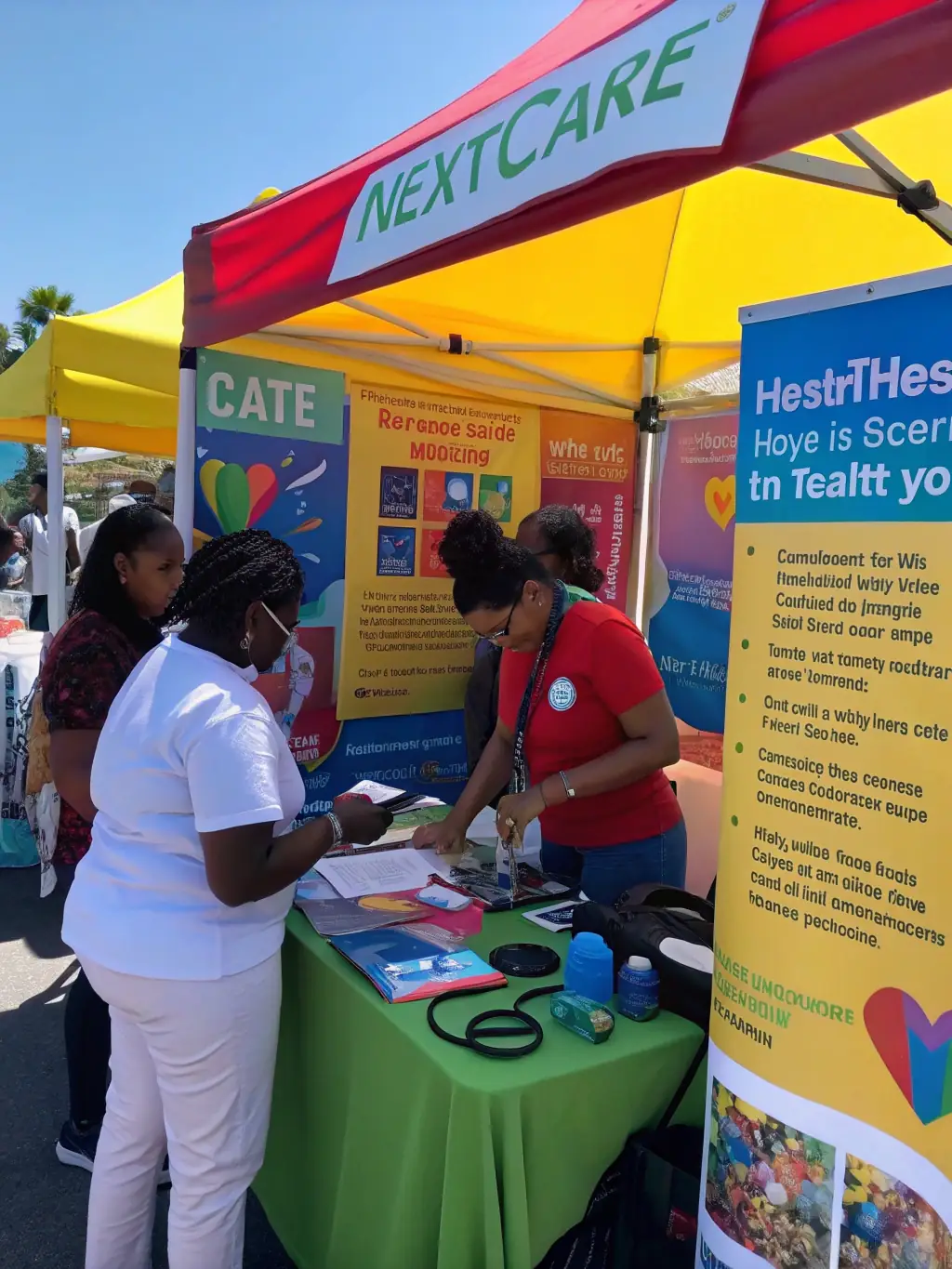 A vibrant scene from a community health fair organized by SOLIDARITE ET DEVELOPPEMENT, featuring health screenings, educational booths, and community engagement activities.