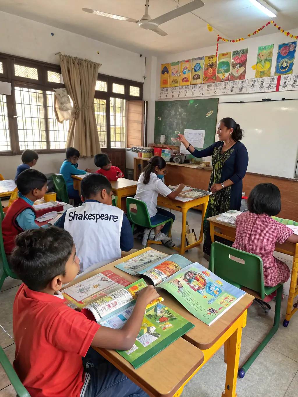 A photo of children participating in an educational program focused on literacy and numeracy, supported by SOLIDARITE ET DEVELOPPEMENT, highlighting their dedication to improving educational outcomes.