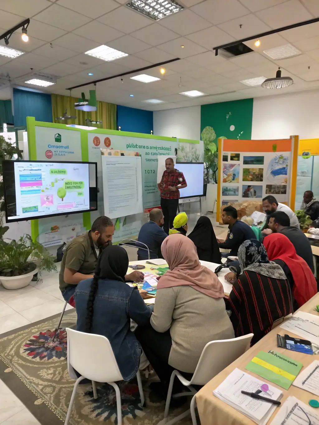A group of diverse community members participating in a workshop on sustainable living, organized by SOLIDARITE ET DEVELOPPEMENT, showcasing their commitment to environmental stewardship and community education.