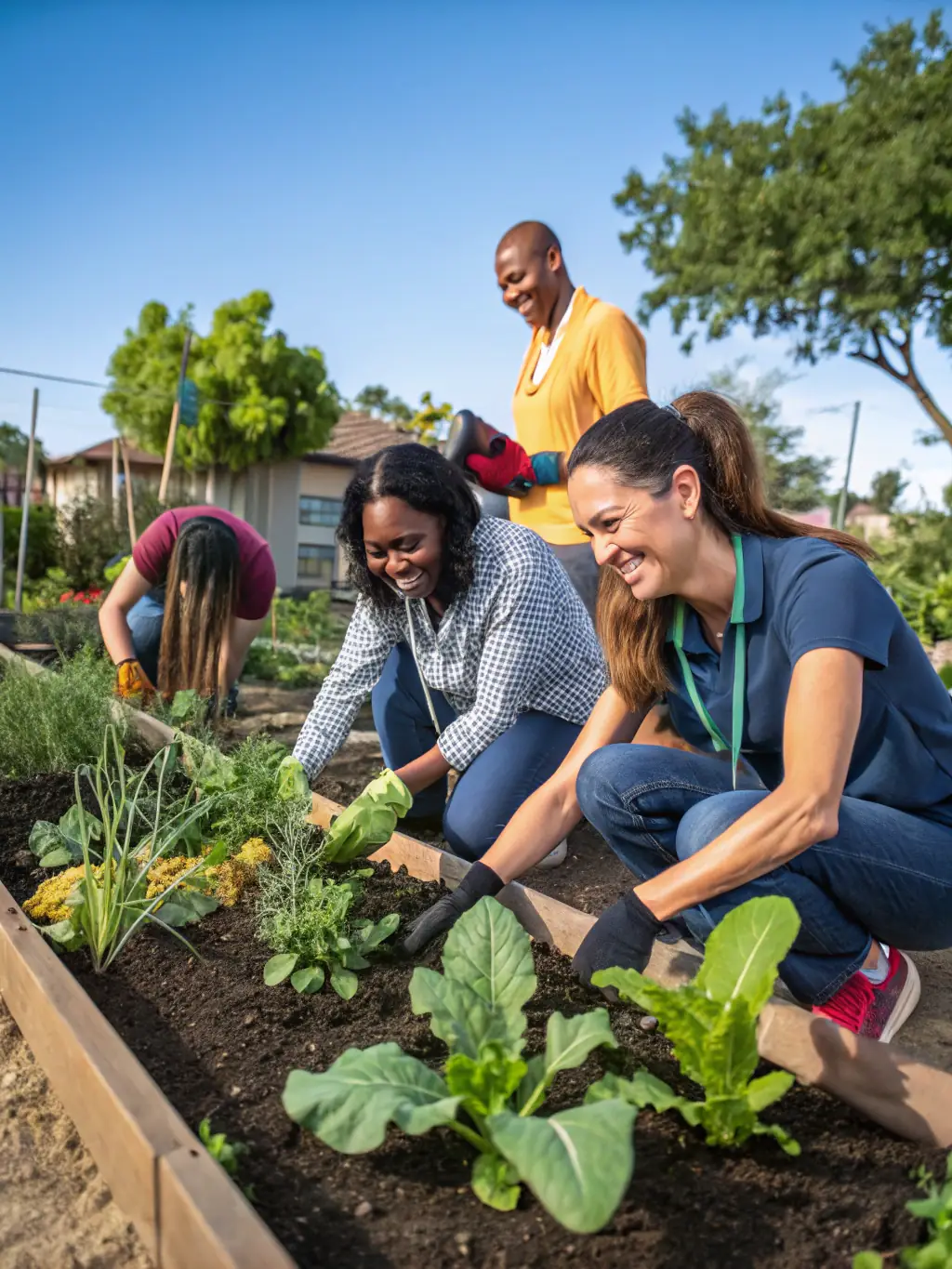 A group of volunteers working together on a community garden project, supported by SOLIDARITE ET DEVELOPPEMENT, demonstrating their commitment to food security and community collaboration.