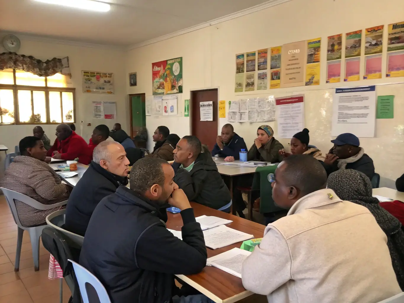 A vibrant image depicting a community workshop in progress, with participants actively engaged in a skill-building activity, reflecting SOLIDARITE ET DEVELOPPEMENT's commitment to education and empowerment.